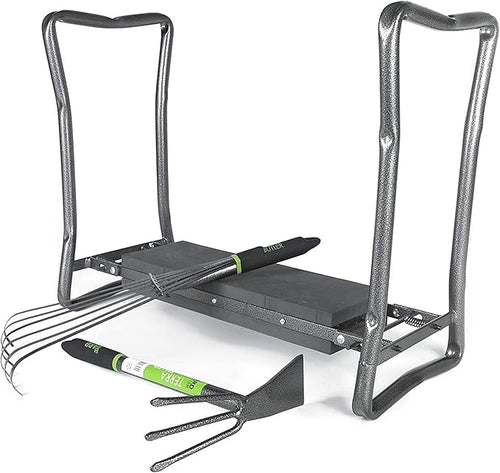 Yard Butler Garden Kneeler Bundle - 2-in-1 Kneeler & Seat Combo with Terra Rake & Terra Tiller - Ergonomic Design - Powder Coated Steel - Portable - Versatile Gardening Tool Set for Comfort