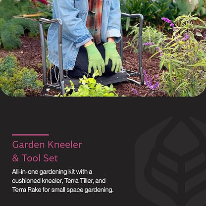 Yard Butler Garden Kneeler Bundle - 2-in-1 Kneeler & Seat Combo with Terra Rake & Terra Tiller - Ergonomic Design - Powder Coated Steel - Portable - Versatile Gardening Tool Set for Comfort