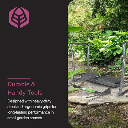 Yard Butler Garden Kneeler Bundle - 2-in-1 Kneeler & Seat Combo with Terra Rake & Terra Tiller - Ergonomic Design - Powder Coated Steel - Portable - Versatile Gardening Tool Set for Comfort
